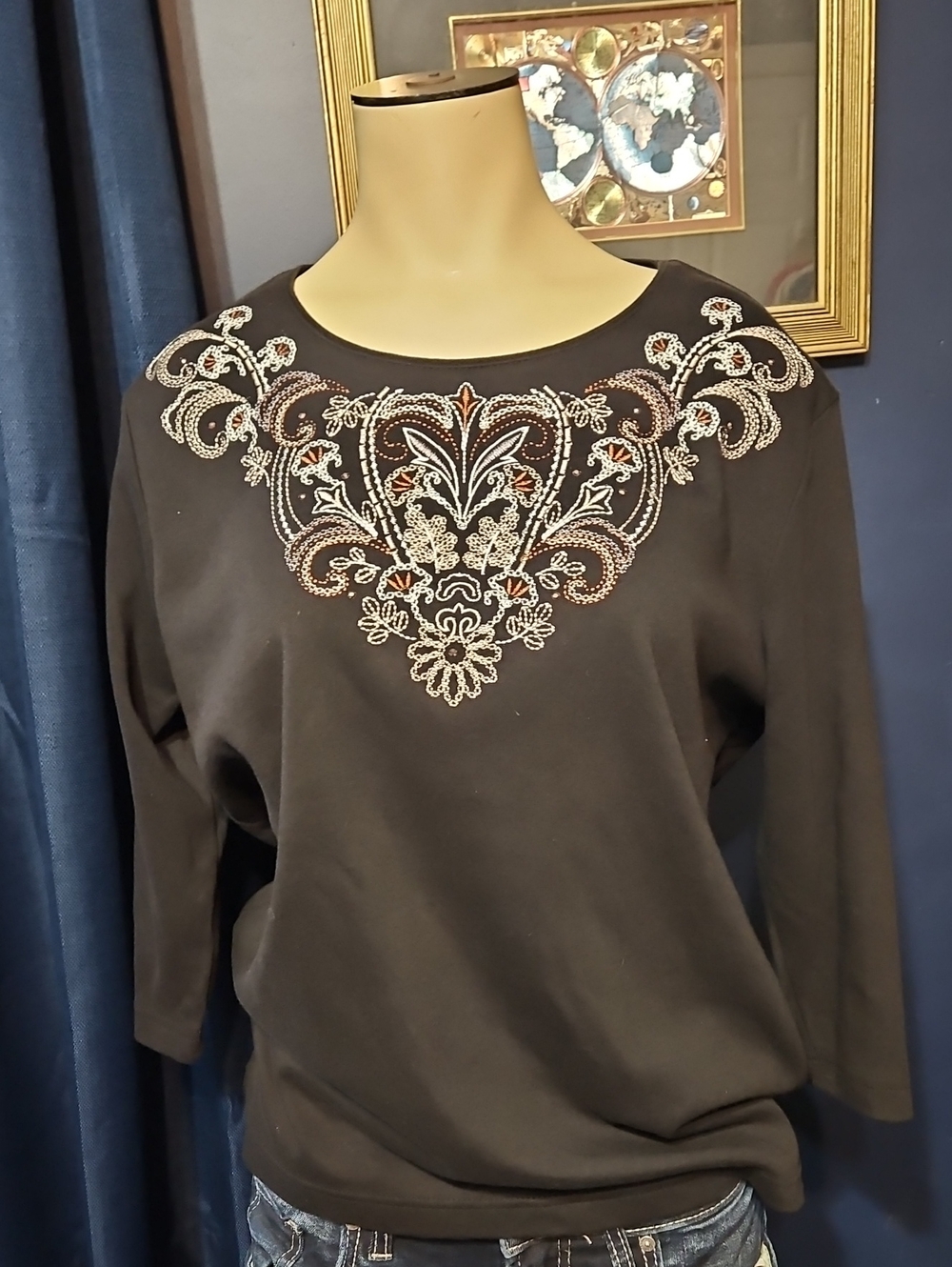 BonWorth Brown Embroidered Scoop Neck Top with Metallic Accents